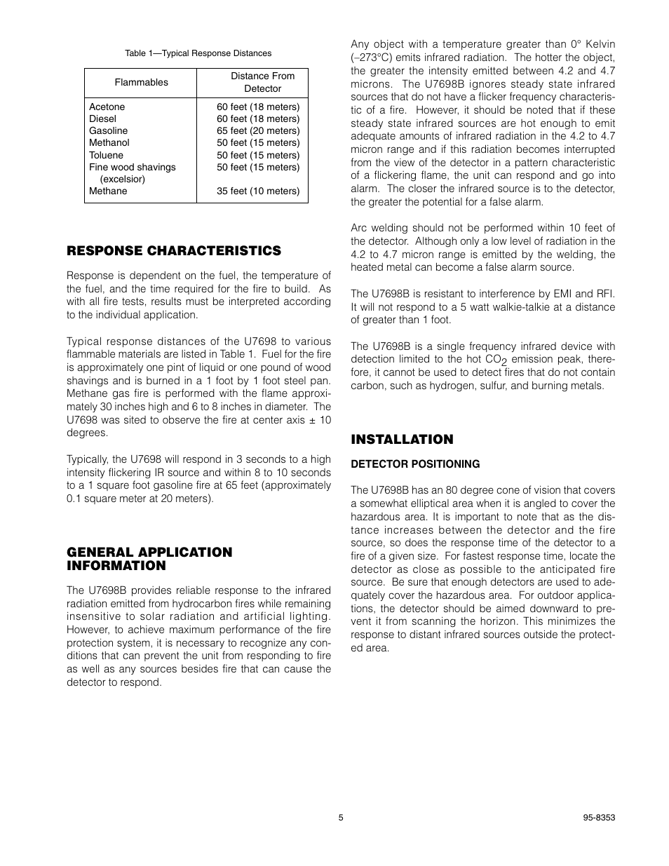 Response characteristics, General application information, Installation | Det-Tronics U7698A, B, C, E Unitized Frequency IR Detector/Controller User Manual | Page 7 / 14