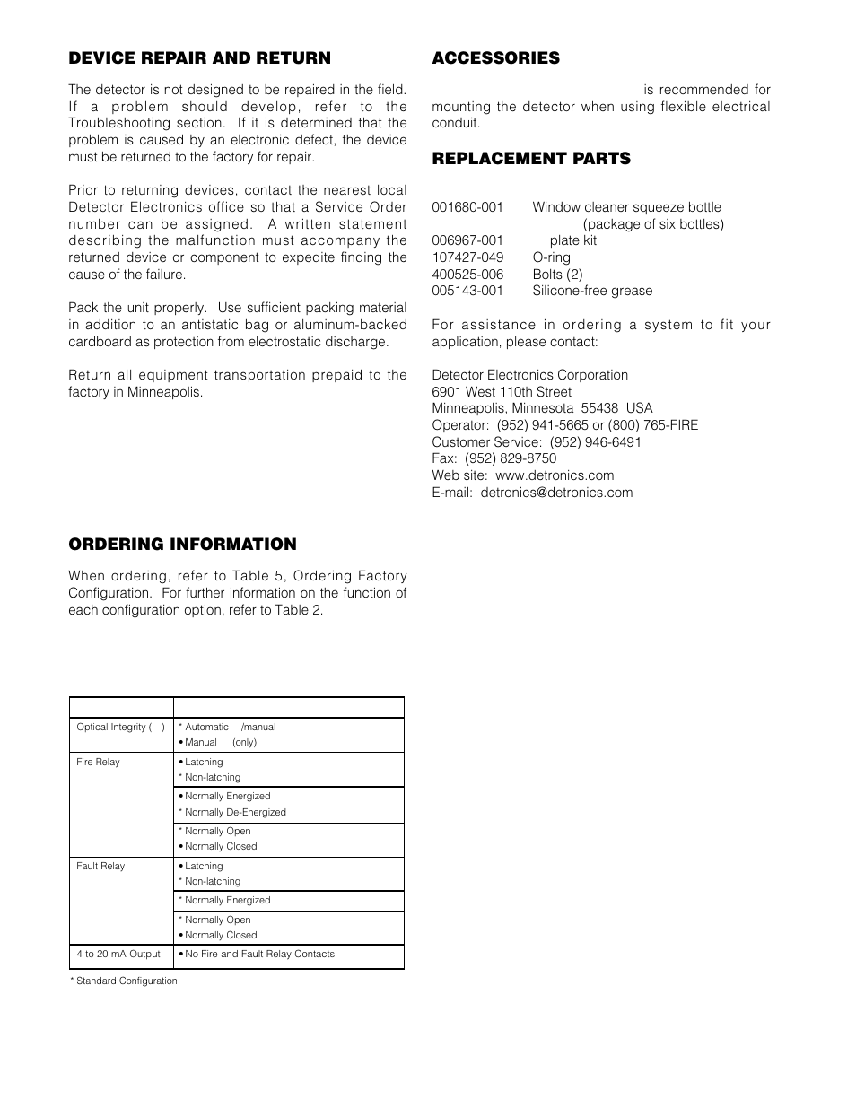 Device repair and return, Ordering information, Accessories | Replacement parts | Det-Tronics X3300EXE Protect-IR Multispectrum IR Flame Detector User Manual | Page 16 / 23