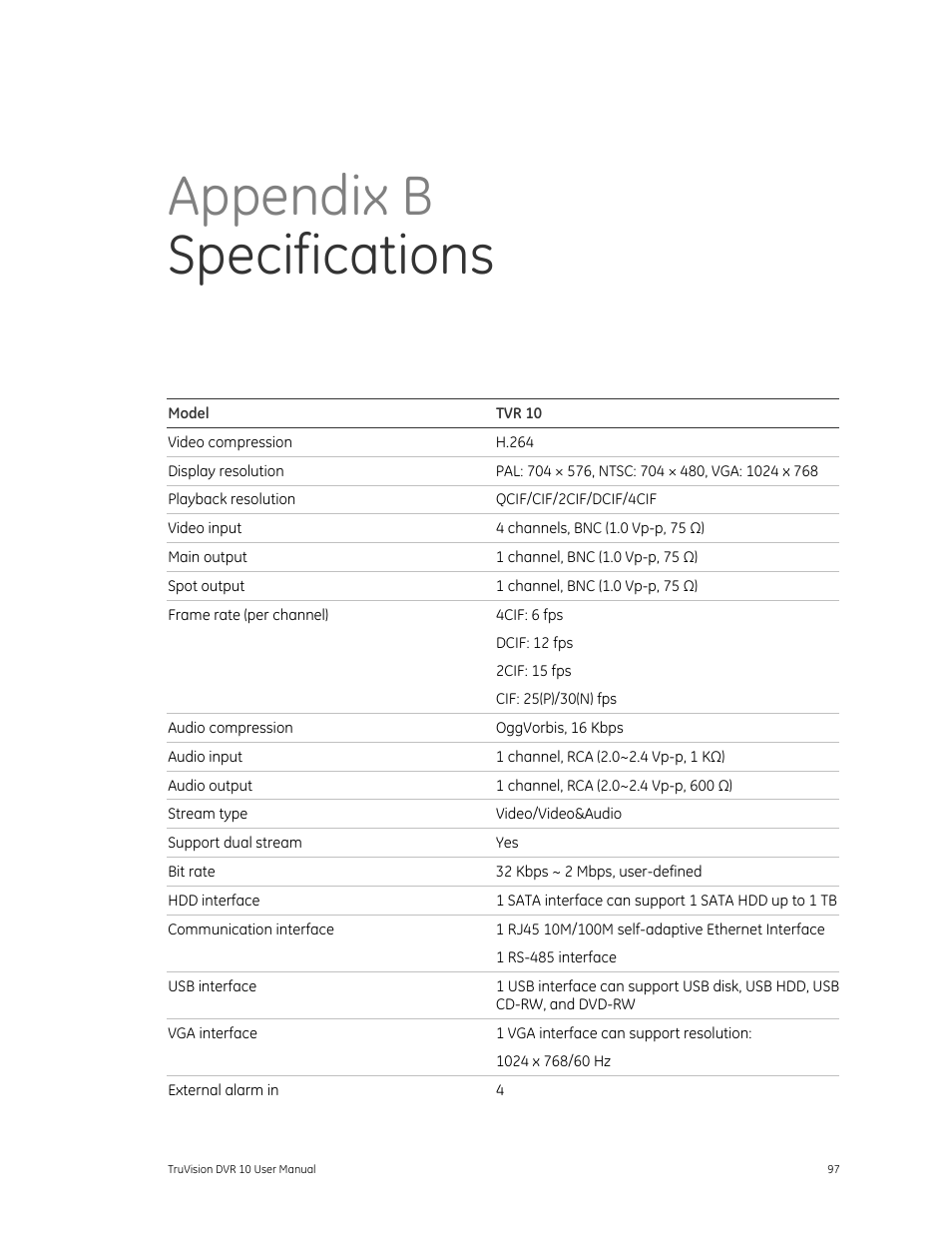 Specifications 97, Appendix b specifications | Det-Tronics 000499-140 DVR, 4 Camera, 250GB (GE Security) User Manual | Page 101 / 112