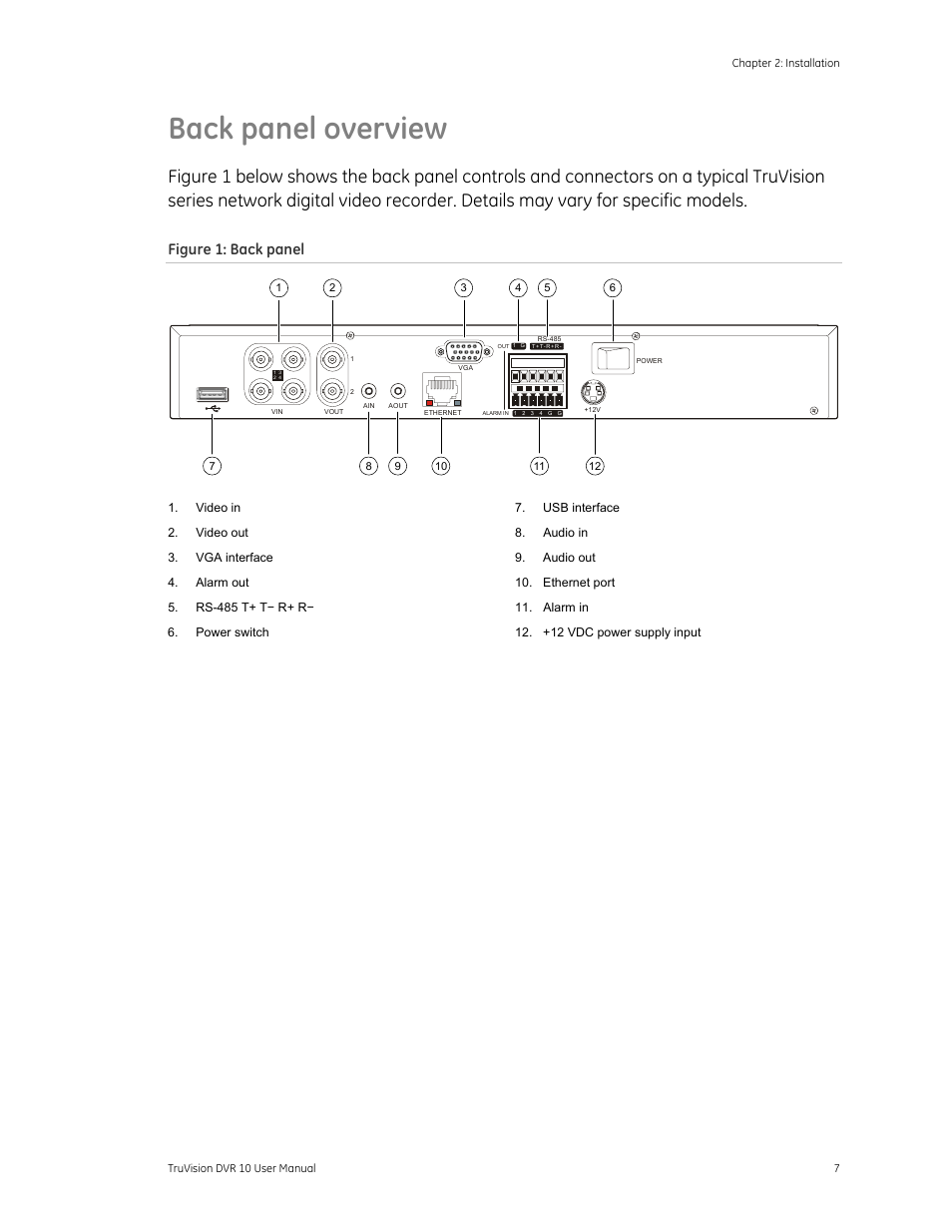 Back panel overview, Figure 1: back panel | Det-Tronics 000499-140 DVR, 4 Camera, 250GB (GE Security) User Manual | Page 11 / 112