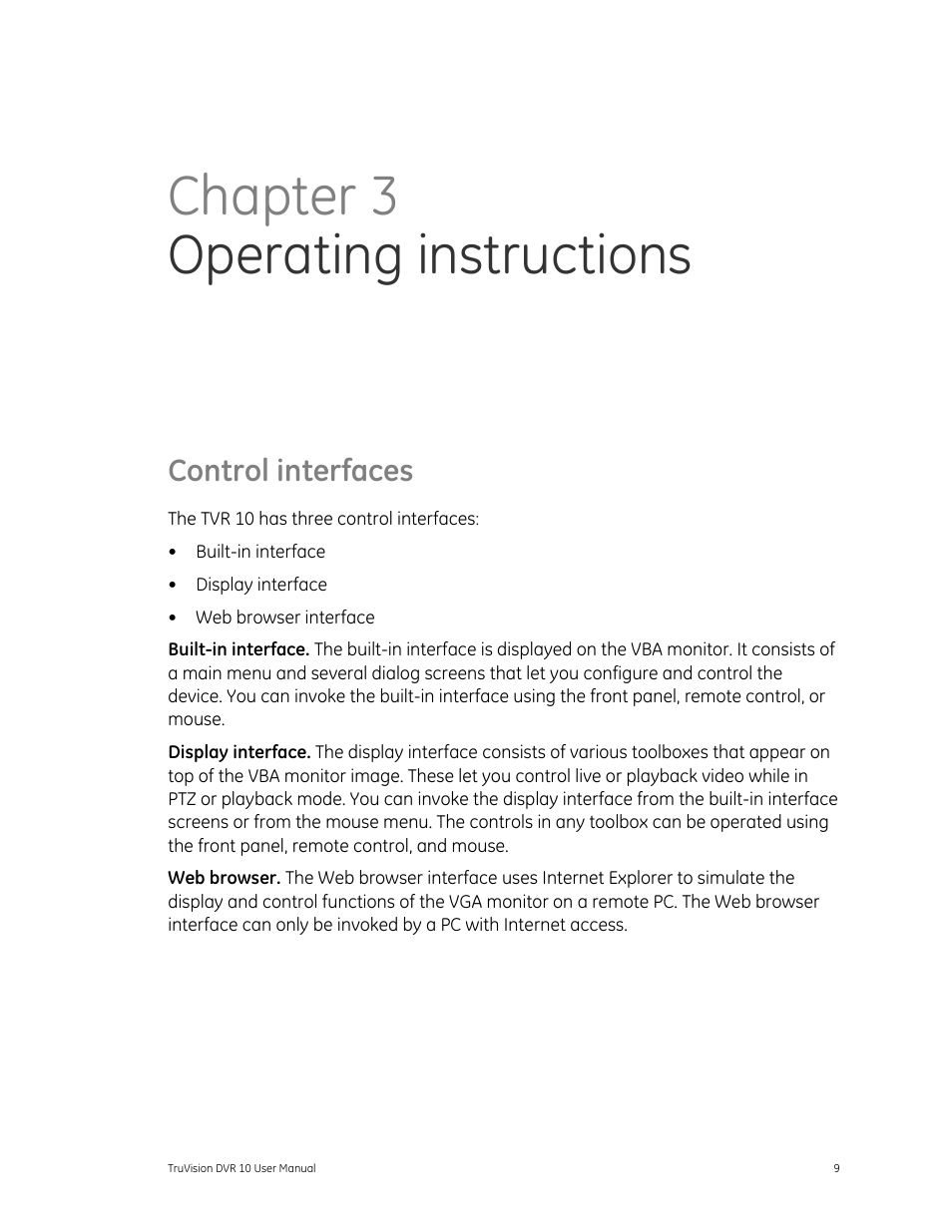 Control interfaces, Operating instructions 9, Chapter 3 operating instructions | Det-Tronics 000499-140 DVR, 4 Camera, 250GB (GE Security) User Manual | Page 13 / 112