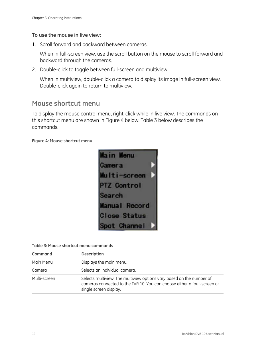 Mouse shortcut menu | Det-Tronics 000499-140 DVR, 4 Camera, 250GB (GE Security) User Manual | Page 16 / 112