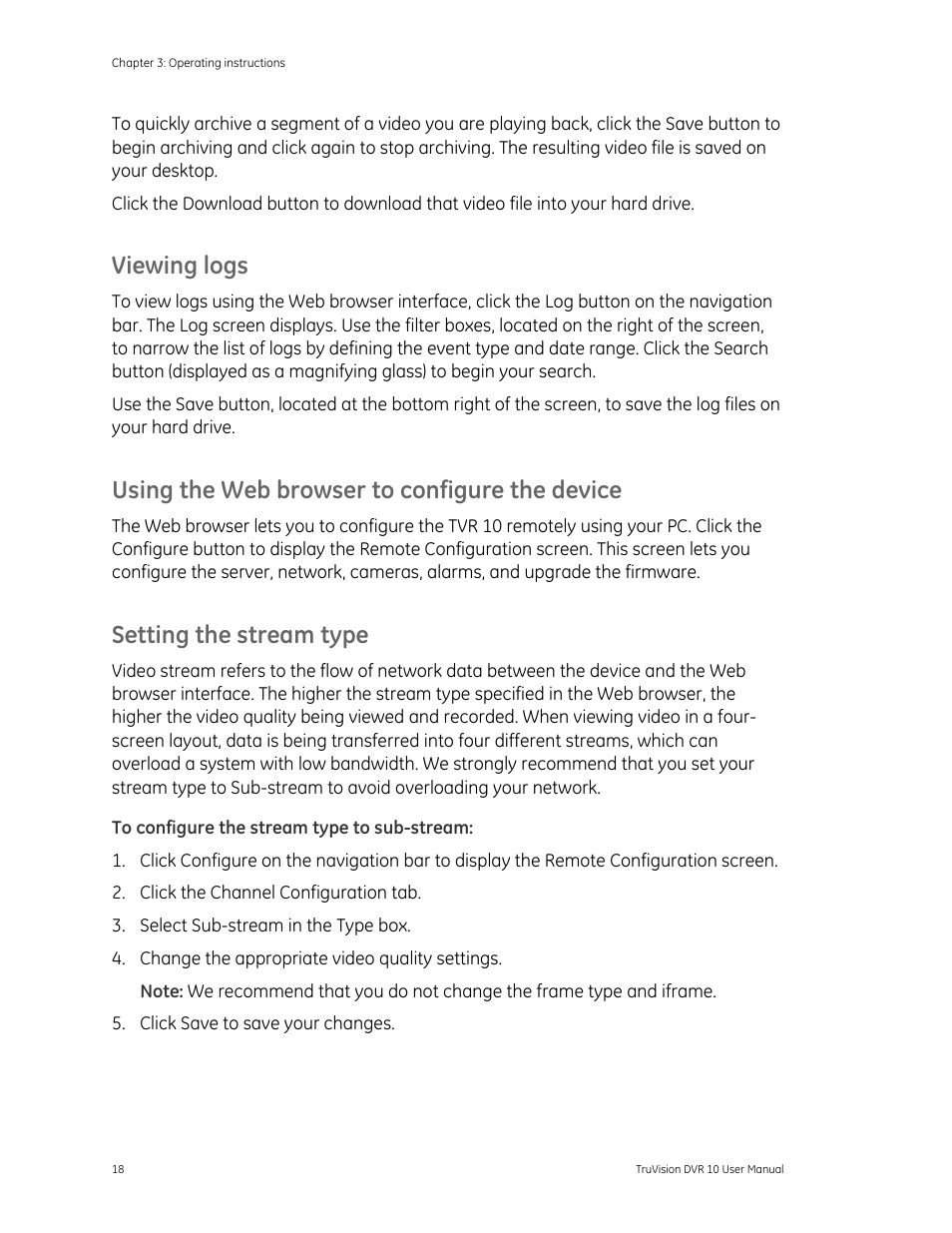 Viewing logs, Using the web browser to configure the device, Setting the stream type | Det-Tronics 000499-140 DVR, 4 Camera, 250GB (GE Security) User Manual | Page 22 / 112