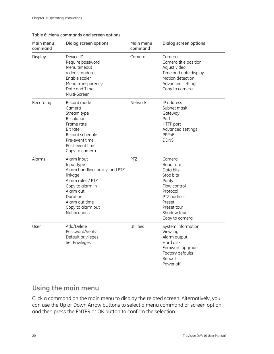 Using the main menu | Det-Tronics 000499-140 DVR, 4 Camera, 250GB (GE Security) User Manual | Page 24 / 112