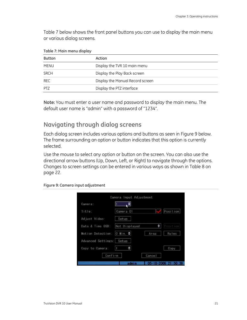 Navigating through dialog screens | Det-Tronics 000499-140 DVR, 4 Camera, 250GB (GE Security) User Manual | Page 25 / 112