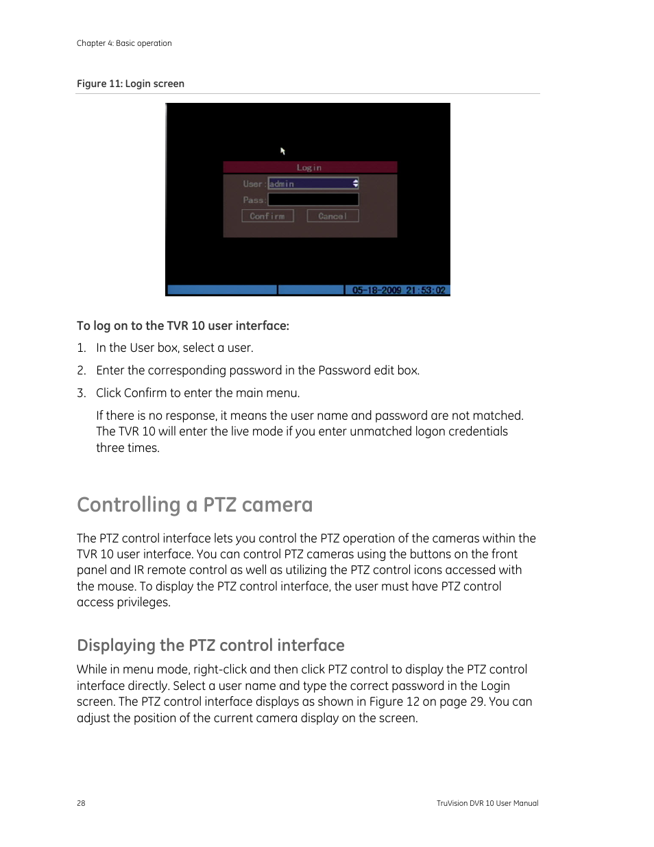 Controlling a ptz camera, Displaying the ptz control interface, Controlling a ptz camera 28 | Det-Tronics 000499-140 DVR, 4 Camera, 250GB (GE Security) User Manual | Page 32 / 112