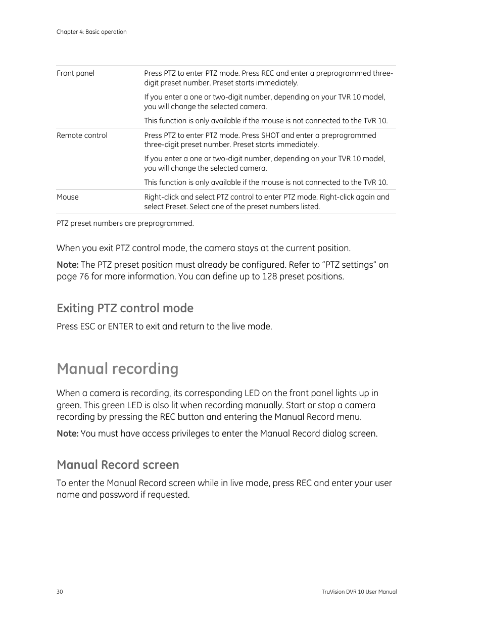 Exiting ptz control mode, Manual recording, Manual record screen | Det-Tronics 000499-140 DVR, 4 Camera, 250GB (GE Security) User Manual | Page 34 / 112