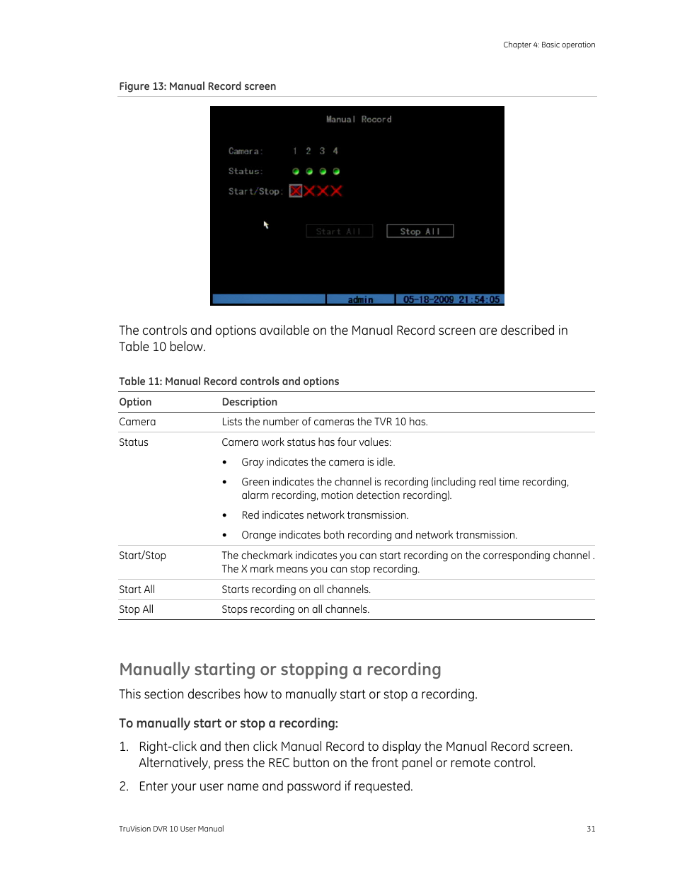 Manually starting or stopping a recording | Det-Tronics 000499-140 DVR, 4 Camera, 250GB (GE Security) User Manual | Page 35 / 112