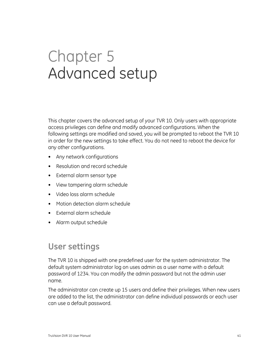User settings, Advanced setup 41, S 41 | Chapter 5 advanced setup | Det-Tronics 000499-140 DVR, 4 Camera, 250GB (GE Security) User Manual | Page 45 / 112