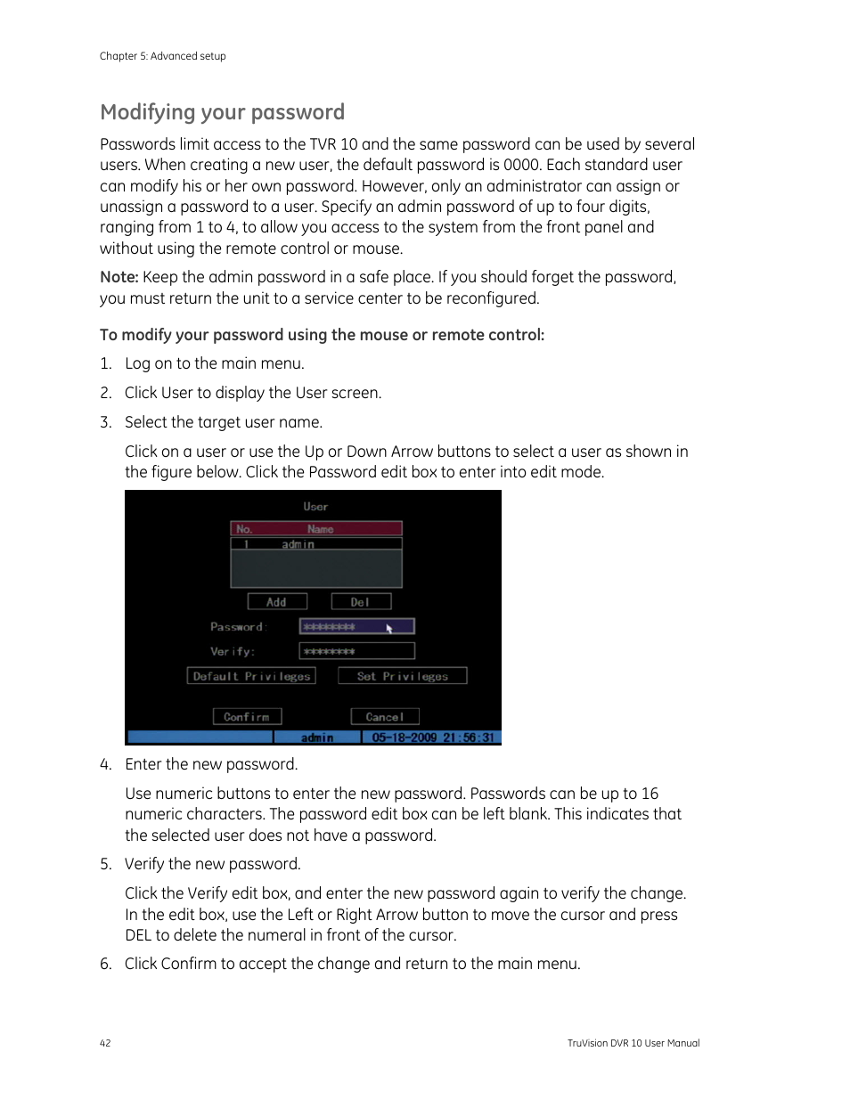 Modifying your password | Det-Tronics 000499-140 DVR, 4 Camera, 250GB (GE Security) User Manual | Page 46 / 112