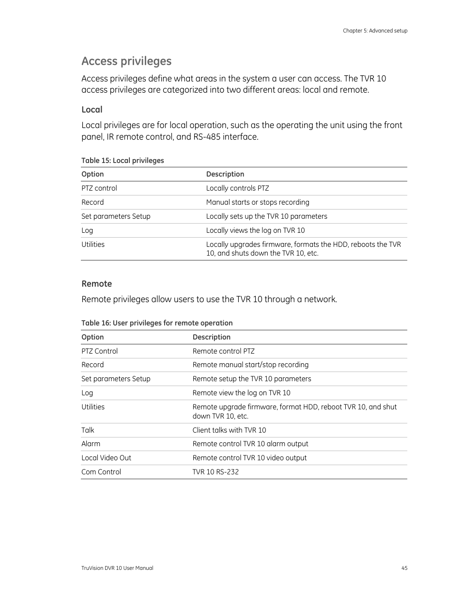 Access privileges, Local, Remote | Det-Tronics 000499-140 DVR, 4 Camera, 250GB (GE Security) User Manual | Page 49 / 112