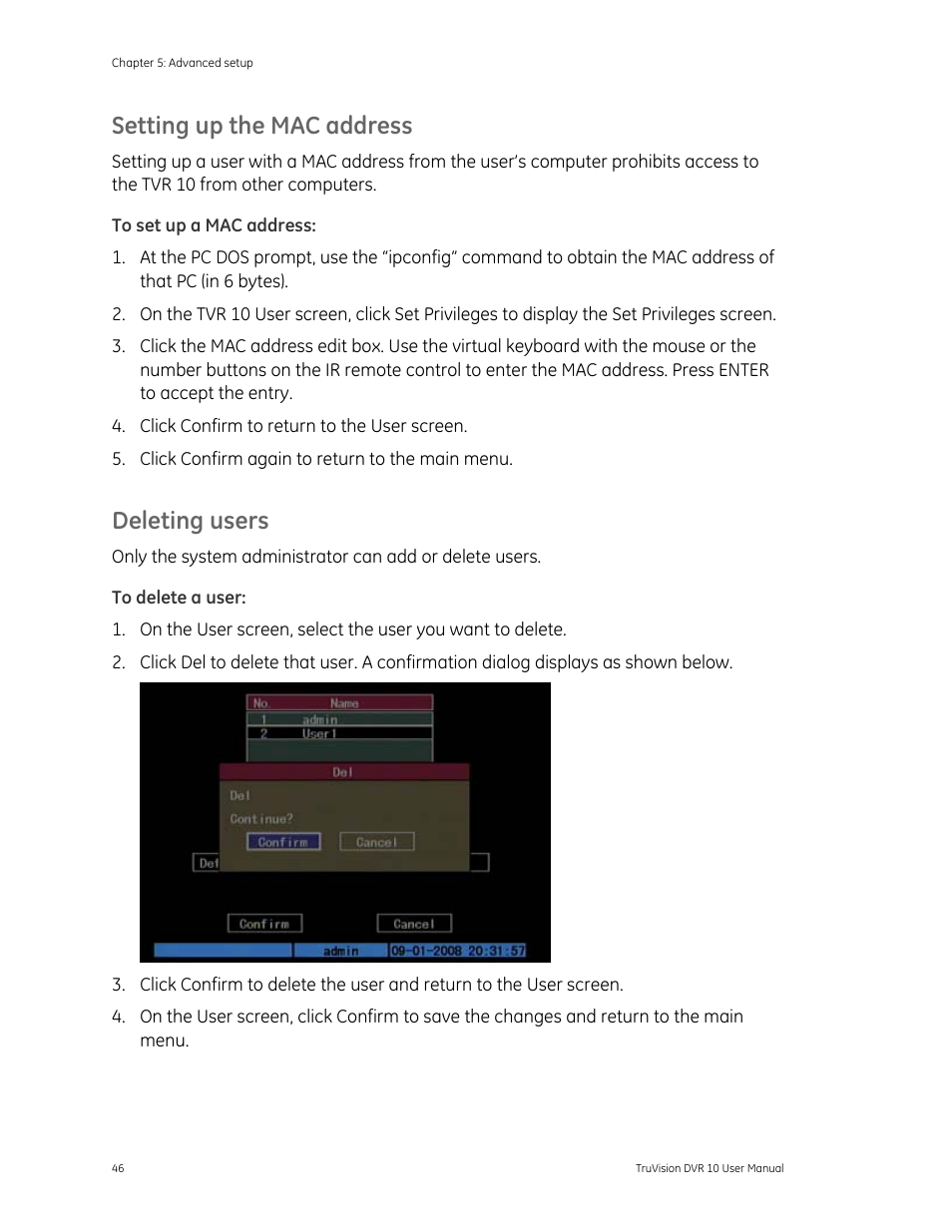 Setting up the mac address, Deleting users | Det-Tronics 000499-140 DVR, 4 Camera, 250GB (GE Security) User Manual | Page 50 / 112