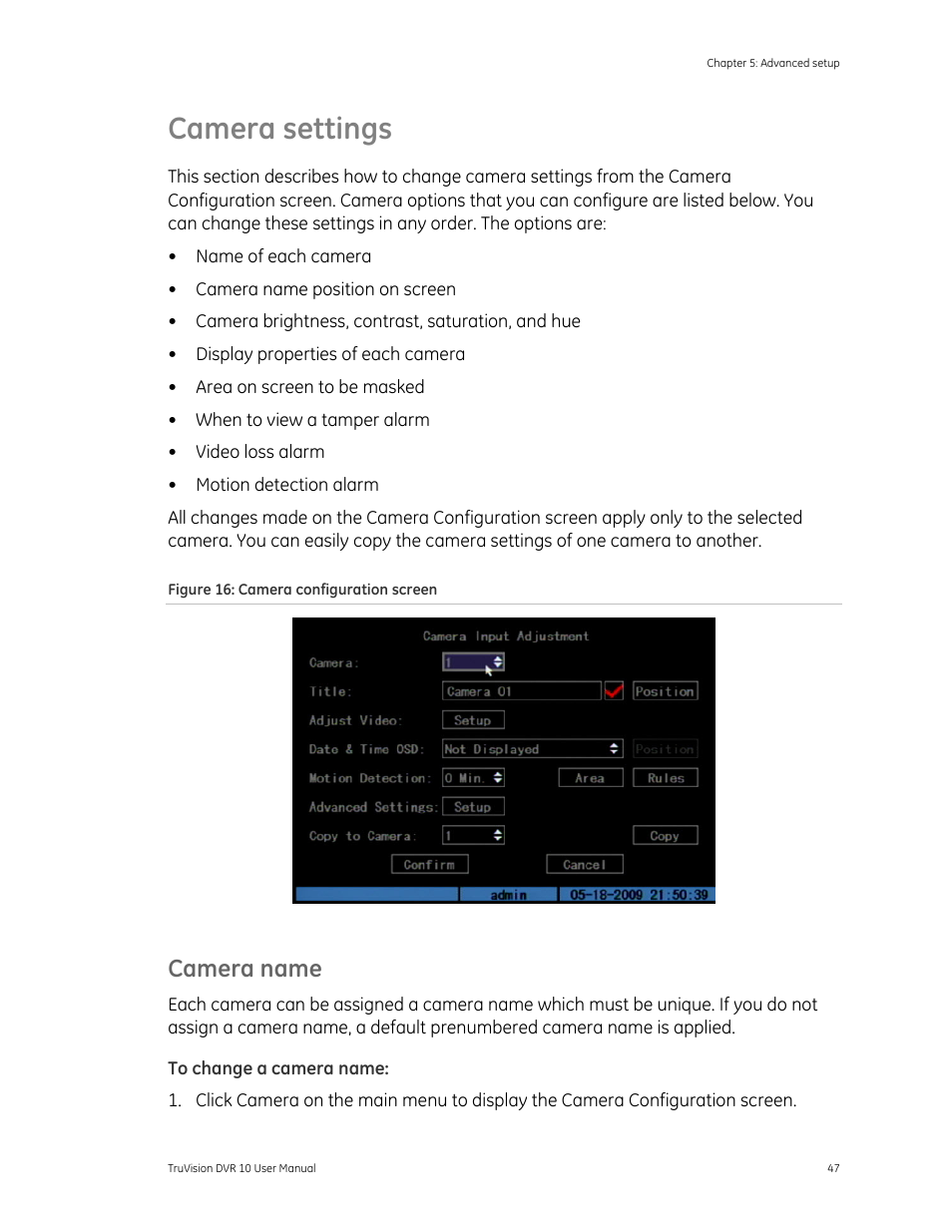 Camera settings, Camera name | Det-Tronics 000499-140 DVR, 4 Camera, 250GB (GE Security) User Manual | Page 51 / 112