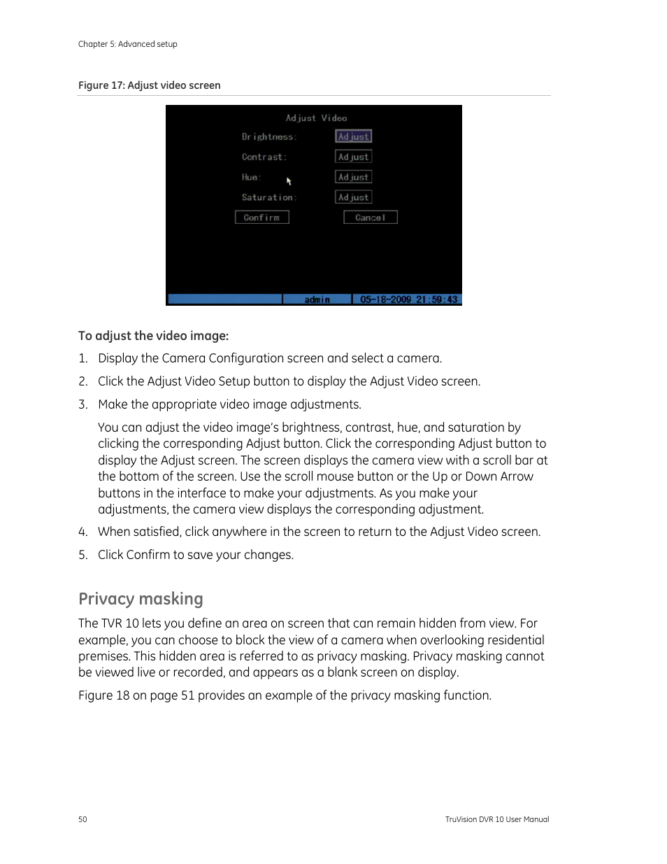 Privacy masking | Det-Tronics 000499-140 DVR, 4 Camera, 250GB (GE Security) User Manual | Page 54 / 112