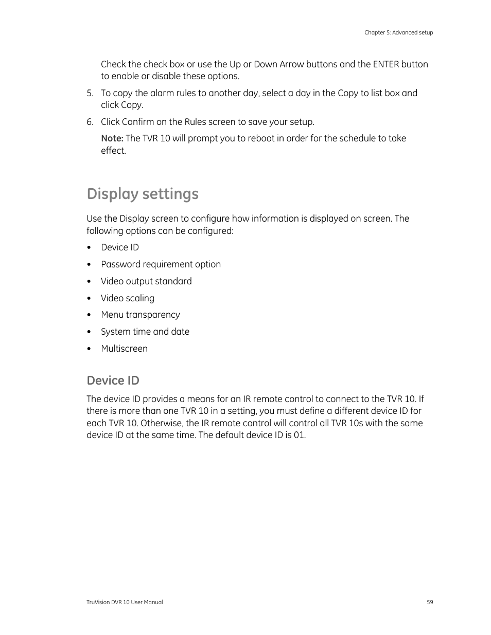 Display settings, Device id, Ngs 59 | Det-Tronics 000499-140 DVR, 4 Camera, 250GB (GE Security) User Manual | Page 63 / 112