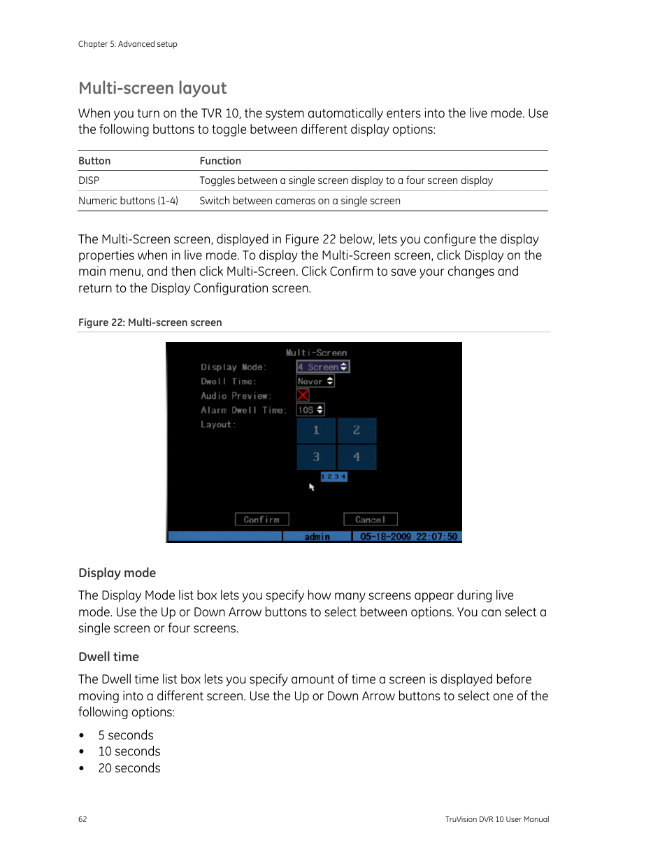Multi-screen layout, Display mode, Dwell time | Det-Tronics 000499-140 DVR, 4 Camera, 250GB (GE Security) User Manual | Page 66 / 112