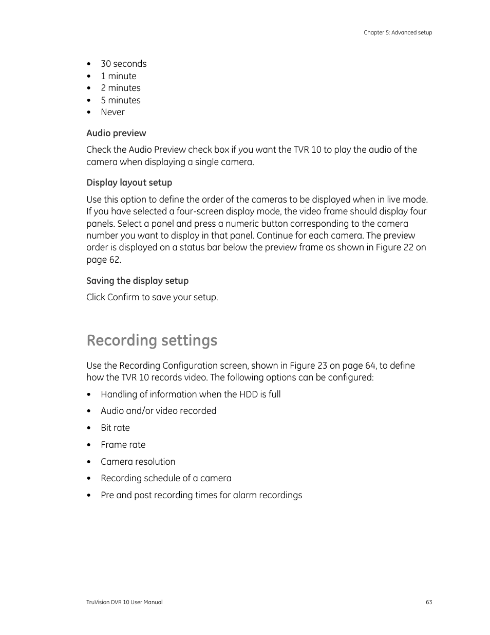 Audio preview, Display layout setup, Saving the display setup | Recording settings | Det-Tronics 000499-140 DVR, 4 Camera, 250GB (GE Security) User Manual | Page 67 / 112