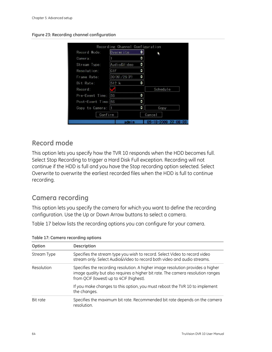 Record mode, Camera recording | Det-Tronics 000499-140 DVR, 4 Camera, 250GB (GE Security) User Manual | Page 68 / 112