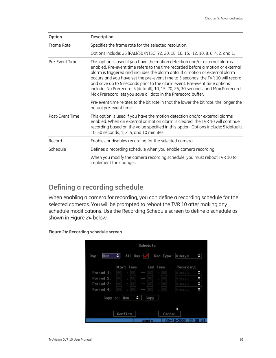 Defining a recording schedule | Det-Tronics 000499-140 DVR, 4 Camera, 250GB (GE Security) User Manual | Page 69 / 112