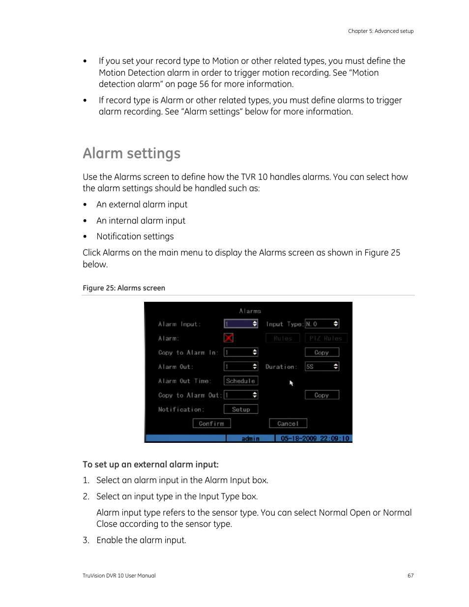 Alarm settings | Det-Tronics 000499-140 DVR, 4 Camera, 250GB (GE Security) User Manual | Page 71 / 112