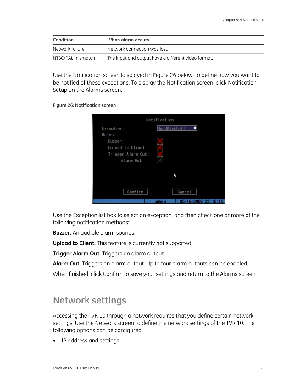 Network settings | Det-Tronics 000499-140 DVR, 4 Camera, 250GB (GE Security) User Manual | Page 75 / 112