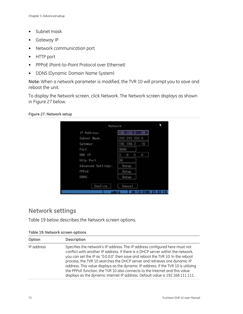 Network settings | Det-Tronics 000499-140 DVR, 4 Camera, 250GB (GE Security) User Manual | Page 76 / 112