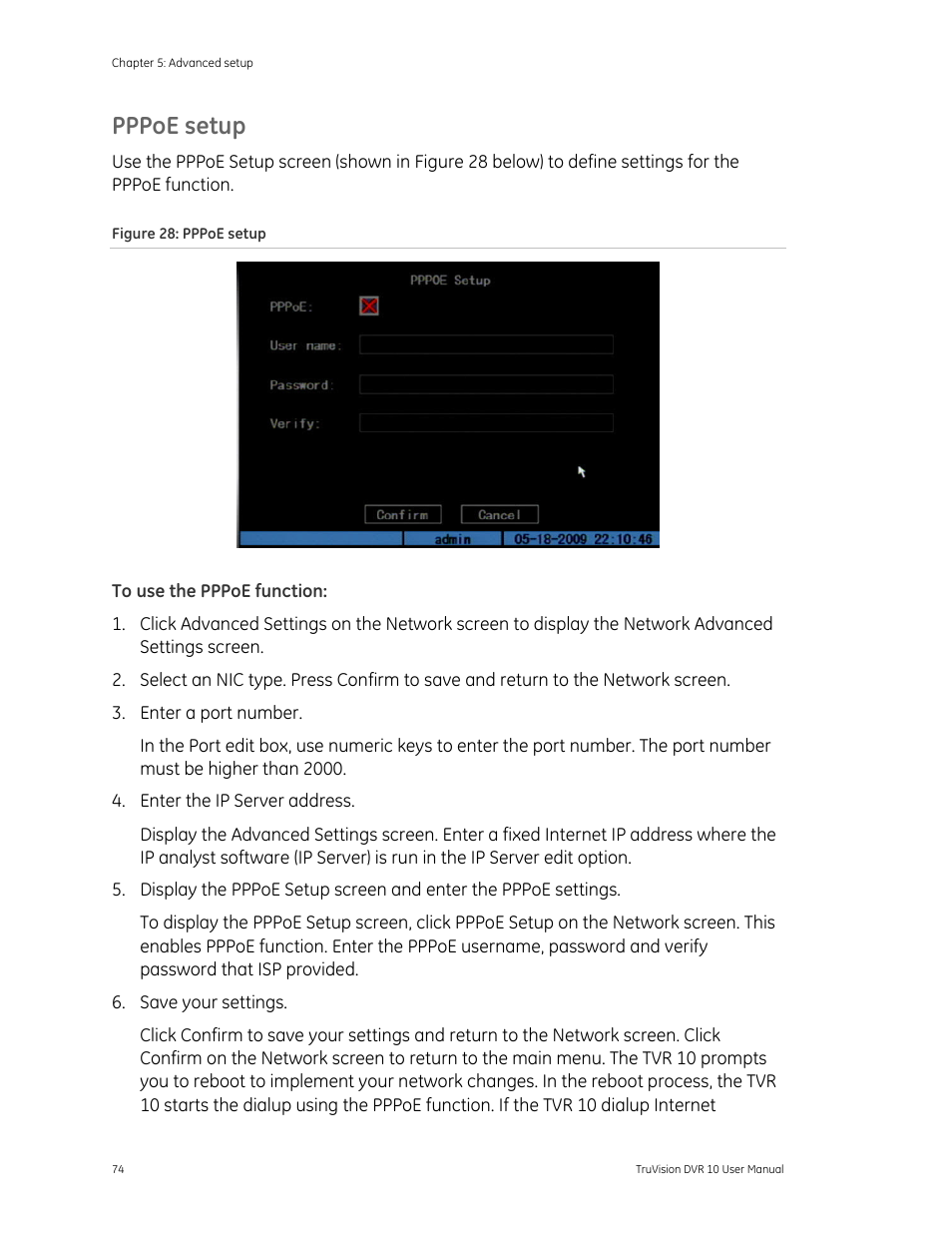 Pppoe setup, To use the pppoe function | Det-Tronics 000499-140 DVR, 4 Camera, 250GB (GE Security) User Manual | Page 78 / 112