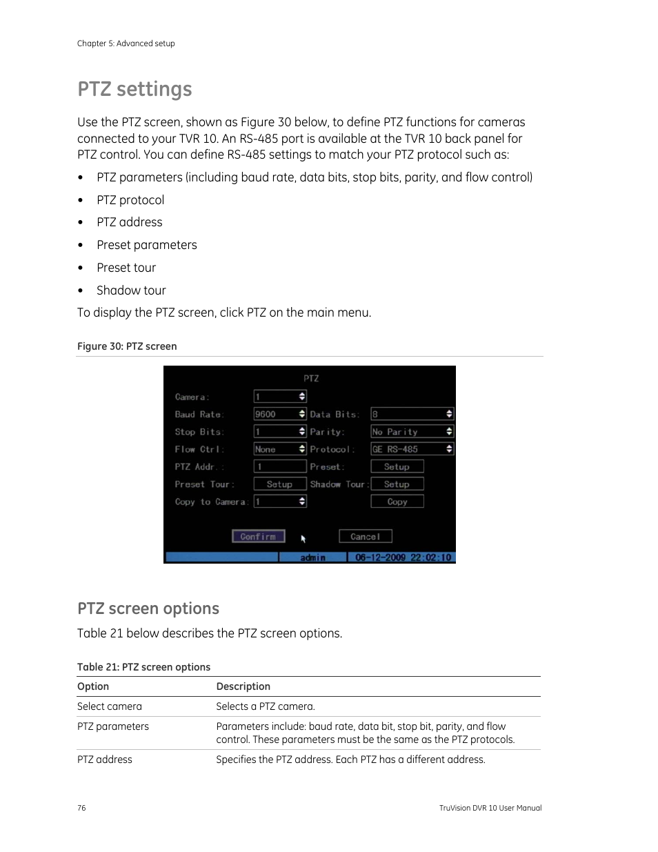 Ptz settings, Ptz screen options, Ptz settings 76 | Det-Tronics 000499-140 DVR, 4 Camera, 250GB (GE Security) User Manual | Page 80 / 112