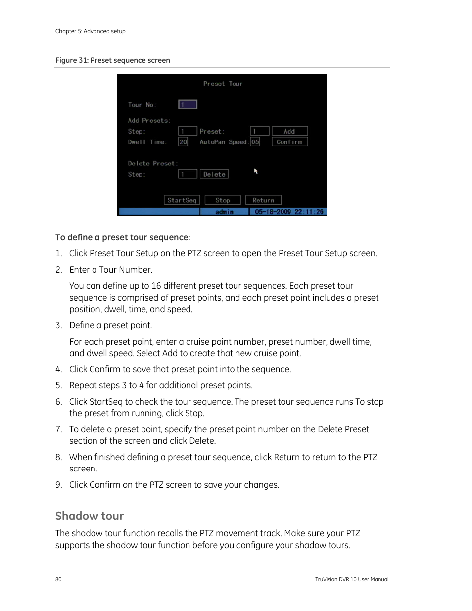 Shadow tour | Det-Tronics 000499-140 DVR, 4 Camera, 250GB (GE Security) User Manual | Page 84 / 112