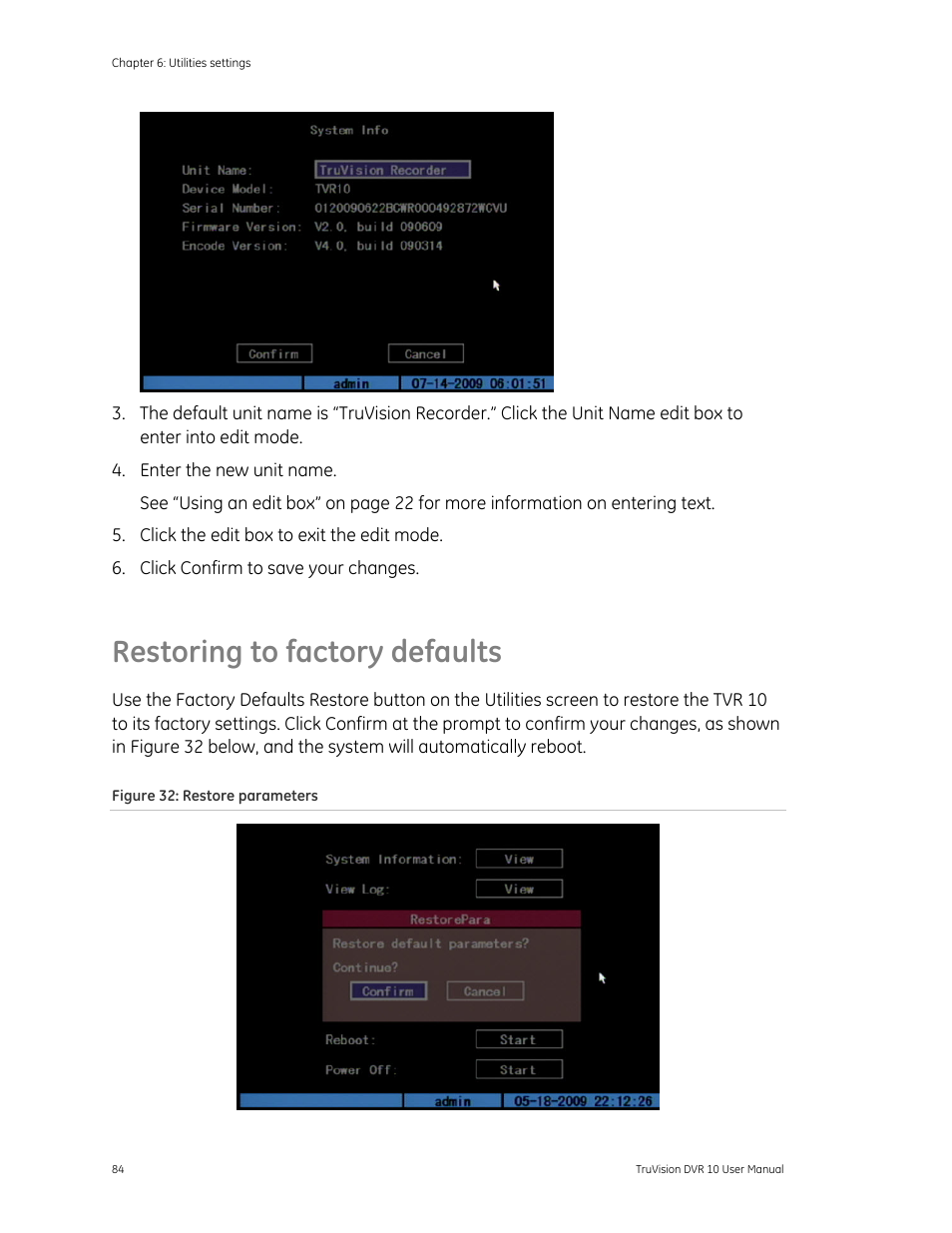 Restoring to factory defaults | Det-Tronics 000499-140 DVR, 4 Camera, 250GB (GE Security) User Manual | Page 88 / 112