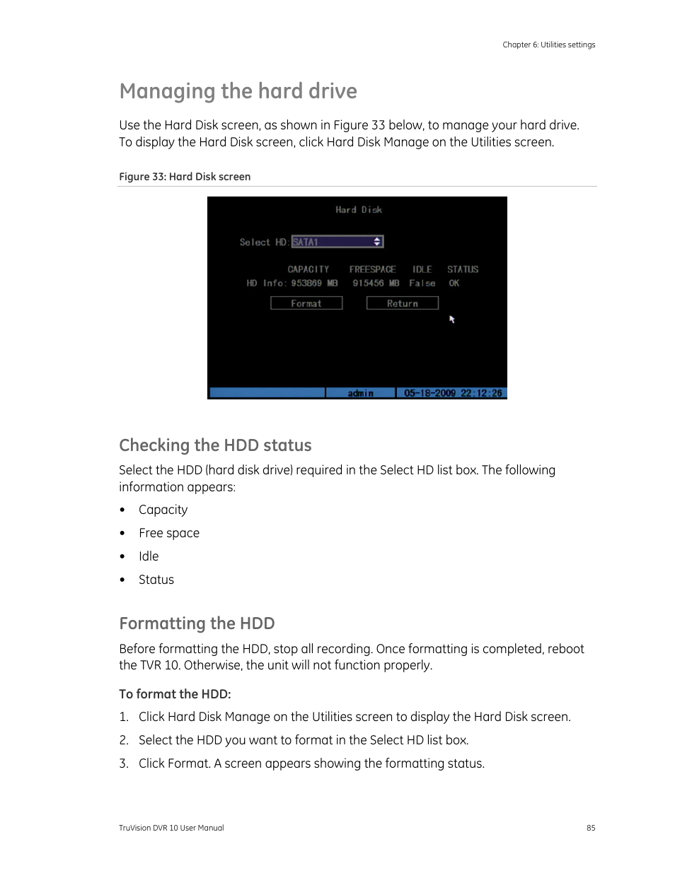 Managing the hard drive, Checking the hdd status, Formatting the hdd | Managing the hard drive 85 | Det-Tronics 000499-140 DVR, 4 Camera, 250GB (GE Security) User Manual | Page 89 / 112