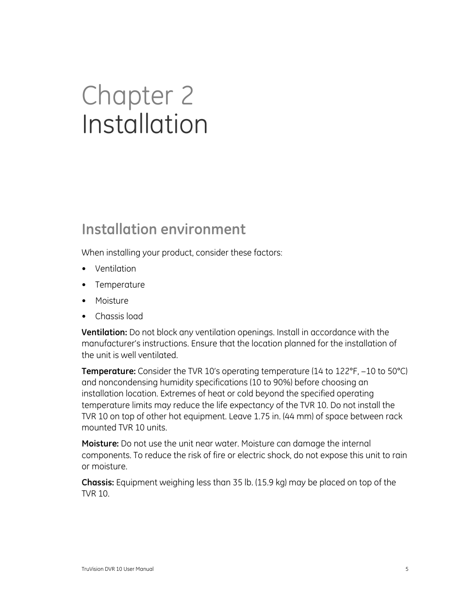 Installation environment, Chapter 2 installation | Det-Tronics 000499-140 DVR, 4 Camera, 250GB (GE Security) User Manual | Page 9 / 112