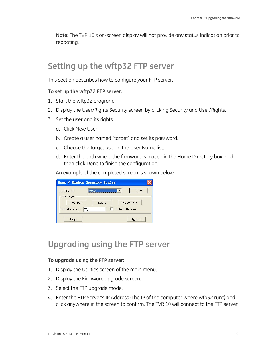 Setting up the wftp32 ftp server, Upgrading using the ftp server, Tp server 91 | Upgrading using the ftp server 91 | Det-Tronics 000499-140 DVR, 4 Camera, 250GB (GE Security) User Manual | Page 95 / 112