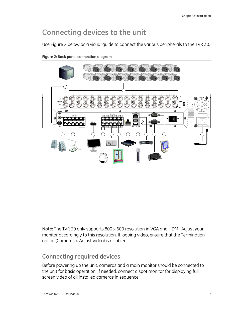 Connecting devices to the unit, Connecting required devices | Det-Tronics 000499-142 DVR, 16 Camera, 500GB (GE Security) User Manual | Page 11 / 92