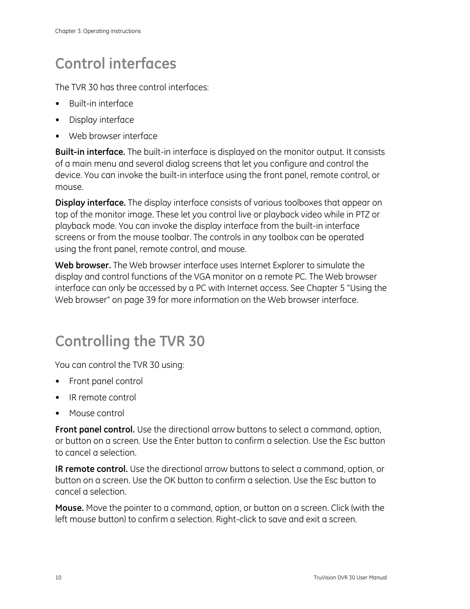 Control interfaces, Controlling the tvr 30, Controlling the tvr 30 10 | Rfaces 10 | Det-Tronics 000499-142 DVR, 16 Camera, 500GB (GE Security) User Manual | Page 14 / 92