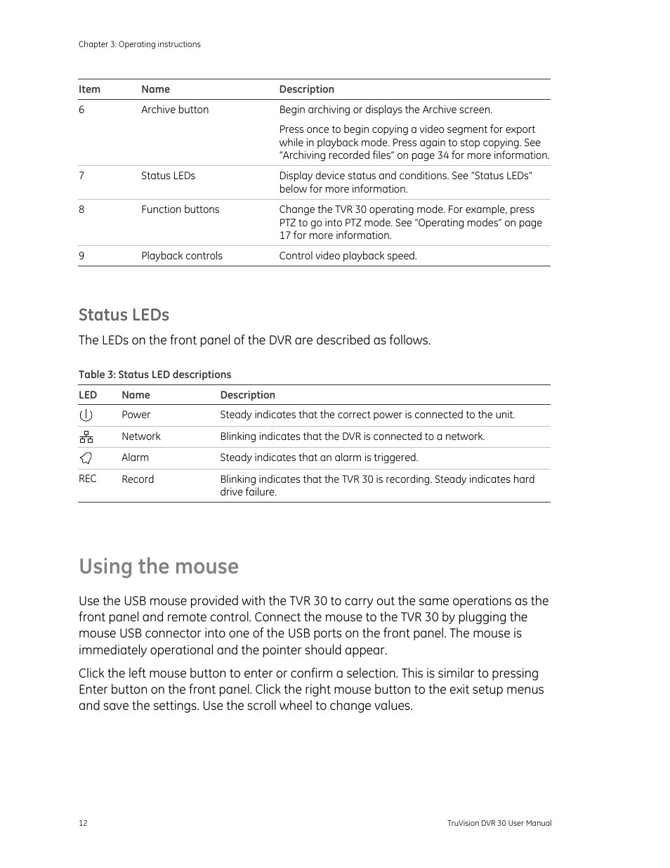 Using the mouse, Using the mouse 12, Status leds | Det-Tronics 000499-142 DVR, 16 Camera, 500GB (GE Security) User Manual | Page 16 / 92