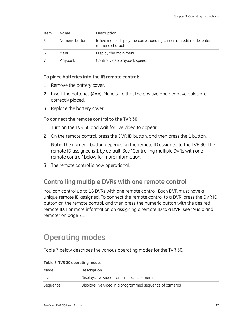 Operating modes, Operating modes 17, Rol 17 | Controlling multiple dvrs with one remote control | Det-Tronics 000499-142 DVR, 16 Camera, 500GB (GE Security) User Manual | Page 21 / 92