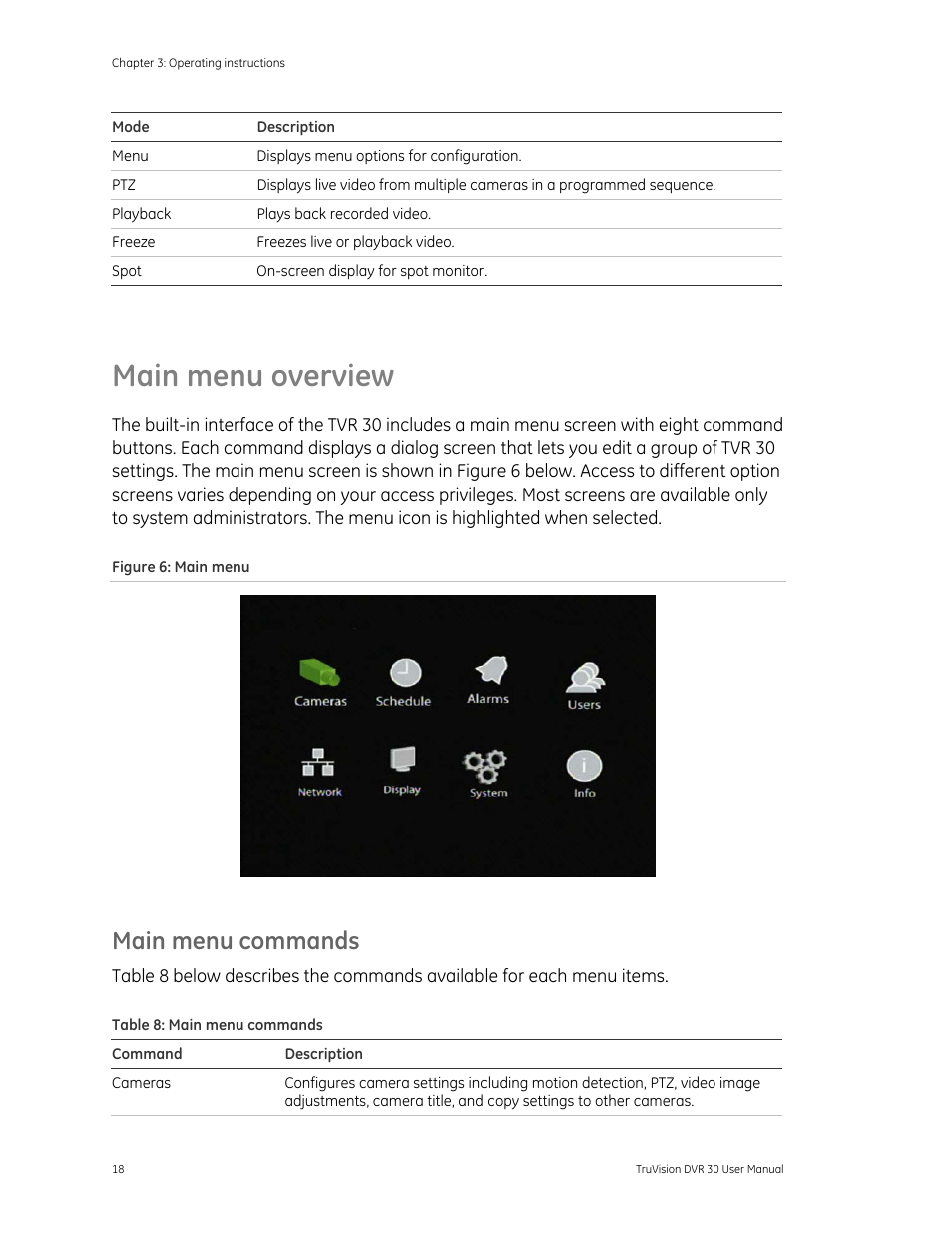 Main menu overview, Main menu overview 18, Main menu commands 18 | Main menu commands | Det-Tronics 000499-142 DVR, 16 Camera, 500GB (GE Security) User Manual | Page 22 / 92
