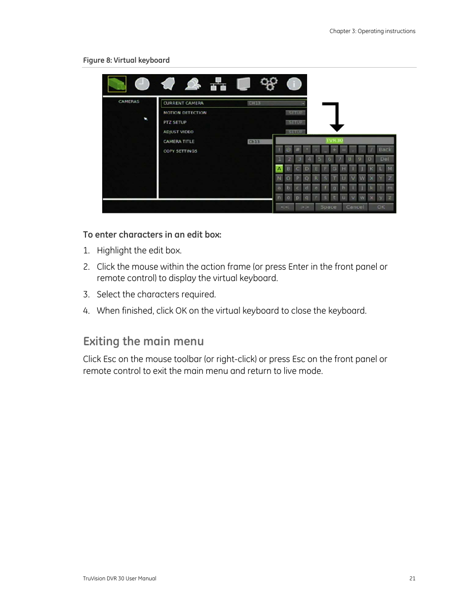 Exiting the main menu | Det-Tronics 000499-142 DVR, 16 Camera, 500GB (GE Security) User Manual | Page 25 / 92