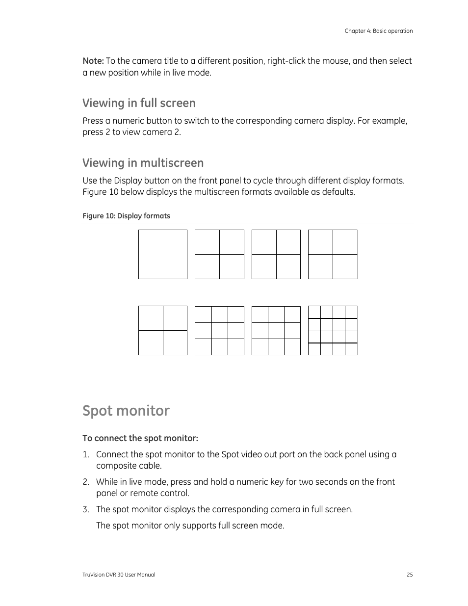 Spot monitor, R 25, Viewing in full screen | Viewing in multiscreen, 2 x 2 | Det-Tronics 000499-142 DVR, 16 Camera, 500GB (GE Security) User Manual | Page 29 / 92