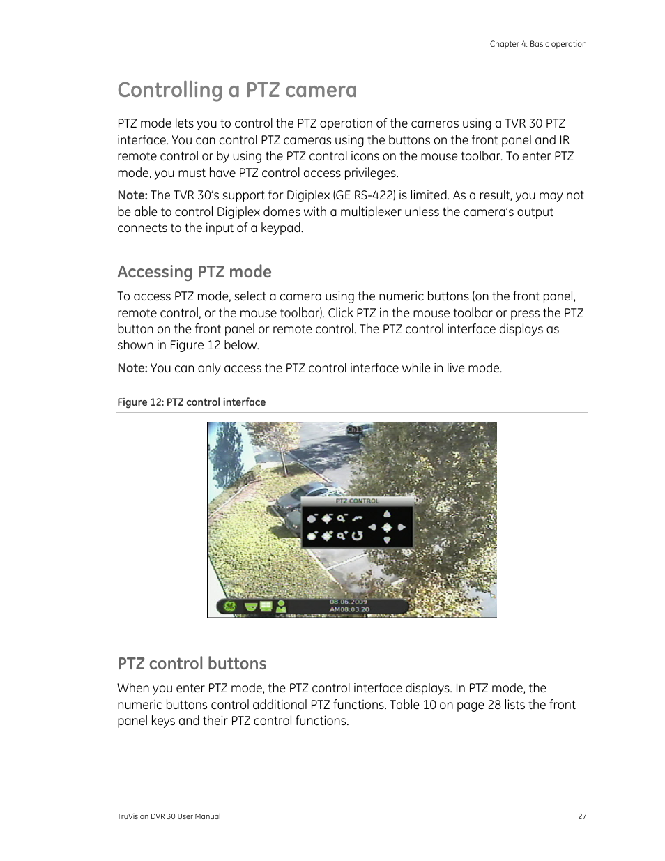Controlling a ptz camera, Controlling a ptz camera 27, Accessing ptz mode | Ptz control buttons | Det-Tronics 000499-142 DVR, 16 Camera, 500GB (GE Security) User Manual | Page 31 / 92