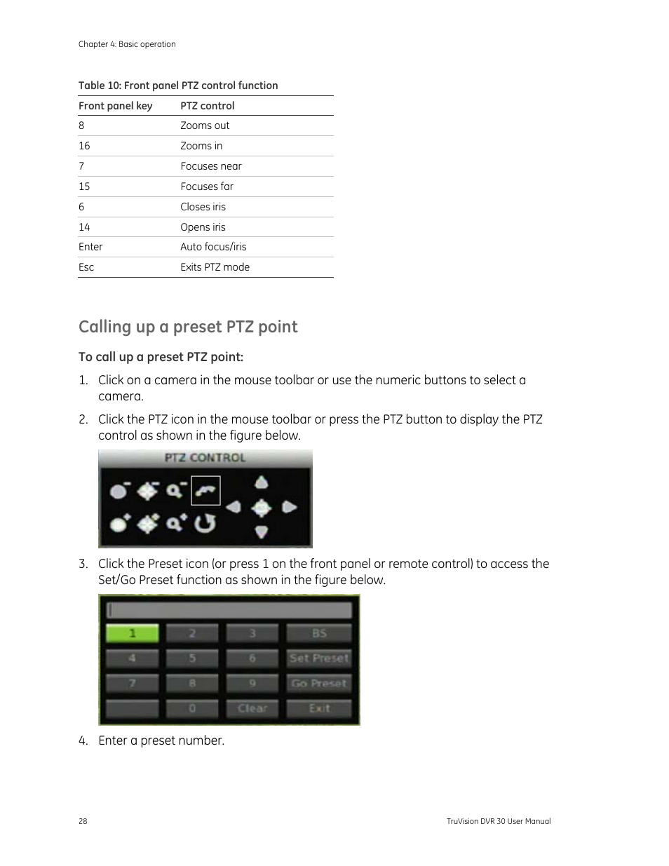 Calling up a preset ptz point 28, Calling up a preset ptz point | Det-Tronics 000499-142 DVR, 16 Camera, 500GB (GE Security) User Manual | Page 32 / 92