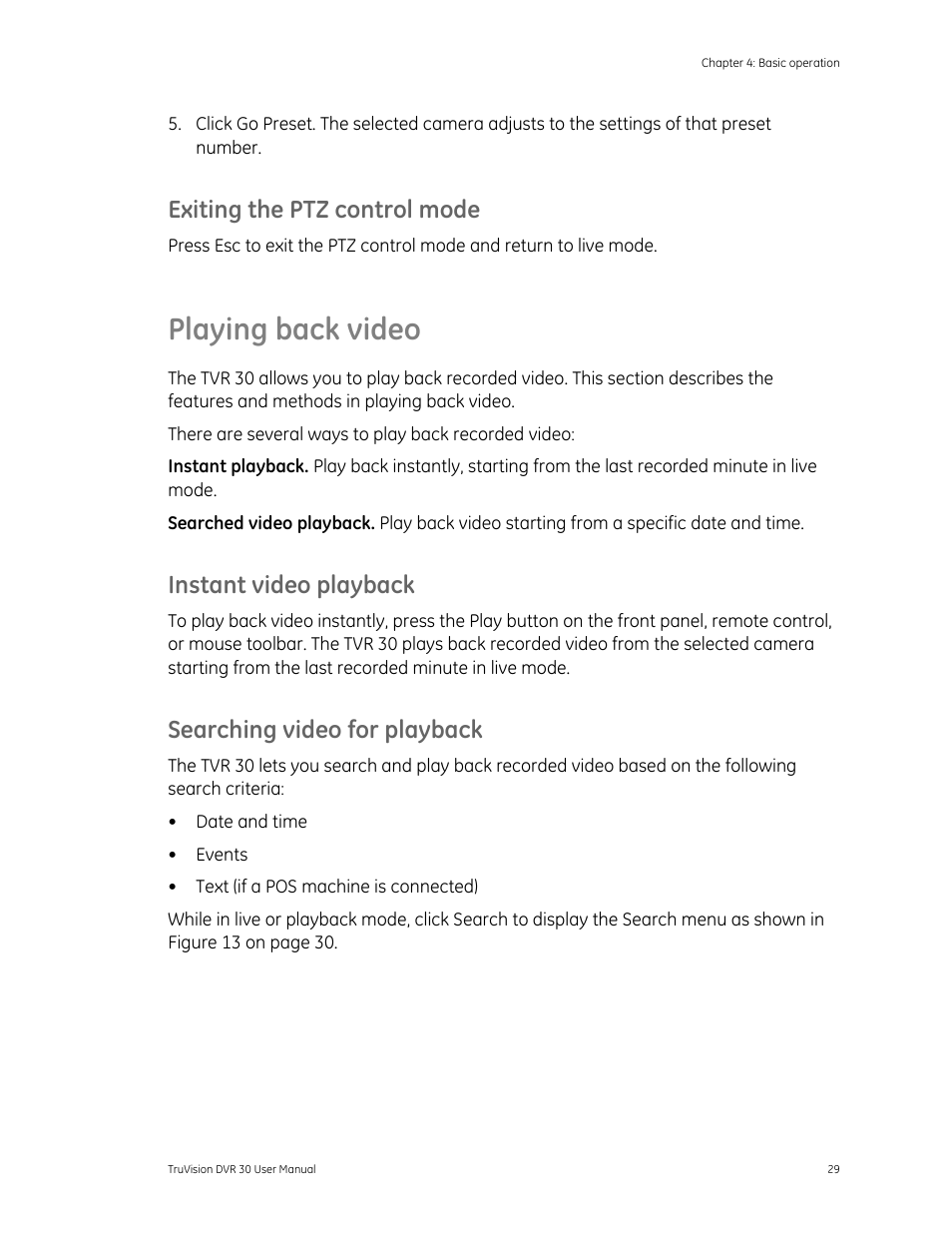 Playing back video, Mode 29, Exiting the ptz control mode | Instant video playback, Searching video for playback | Det-Tronics 000499-142 DVR, 16 Camera, 500GB (GE Security) User Manual | Page 33 / 92