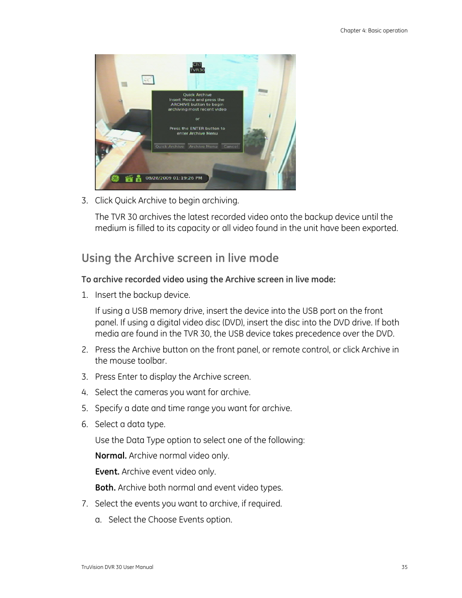 Using the archive screen in live mode | Det-Tronics 000499-142 DVR, 16 Camera, 500GB (GE Security) User Manual | Page 39 / 92