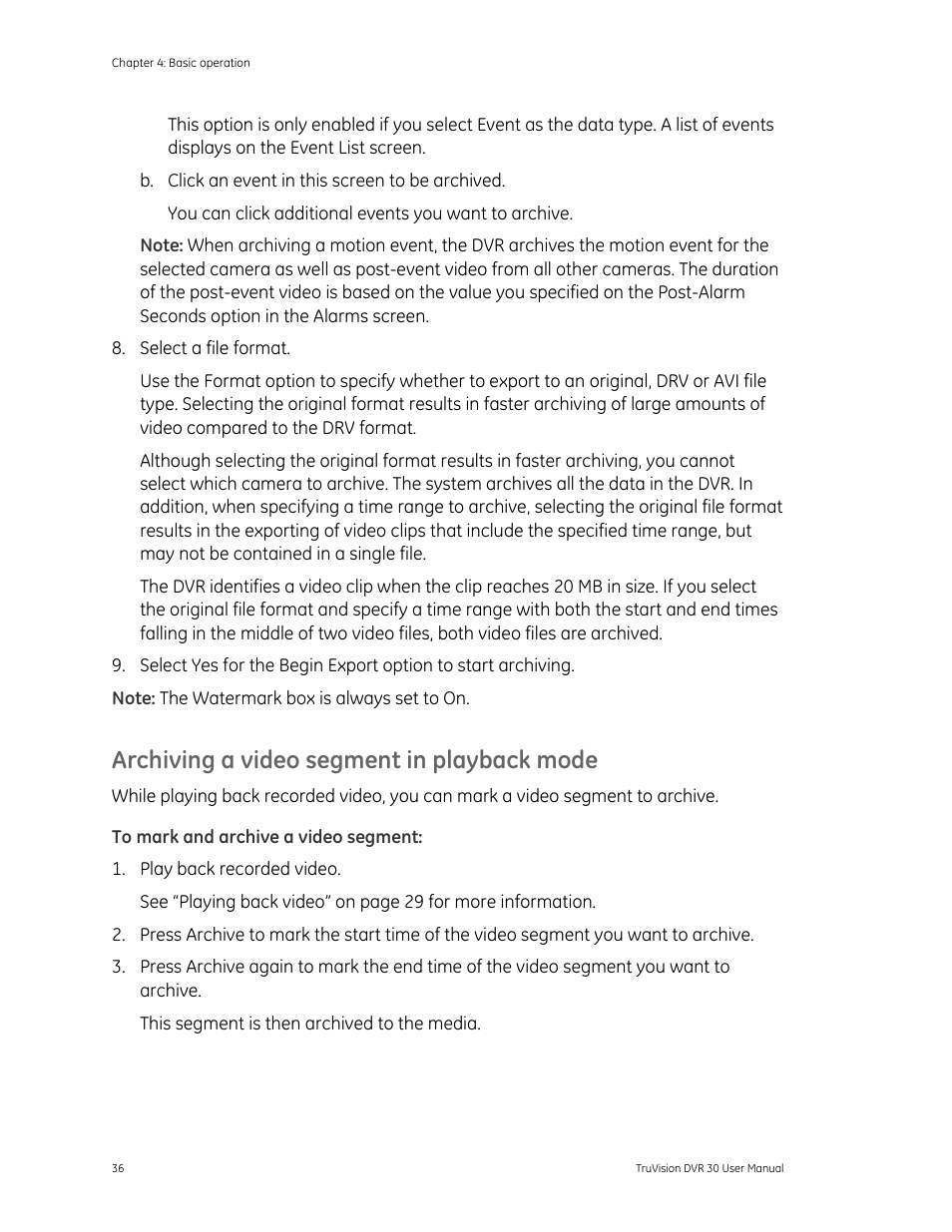 T in playback mode 36, Archiving a video segment in playback mode | Det-Tronics 000499-142 DVR, 16 Camera, 500GB (GE Security) User Manual | Page 40 / 92