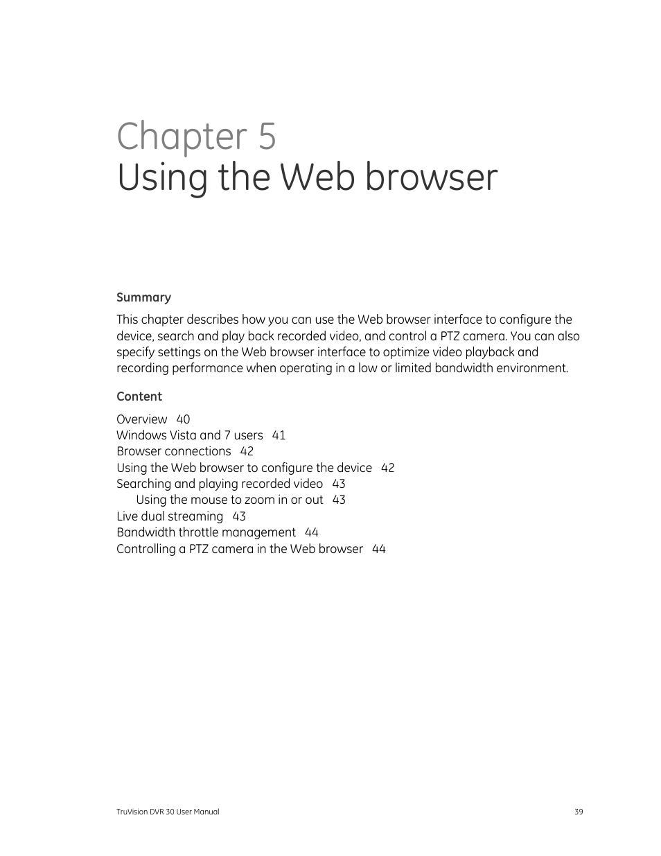 Chapter 5 using the web browser, Using the web browser 39 | Det-Tronics 000499-142 DVR, 16 Camera, 500GB (GE Security) User Manual | Page 43 / 92