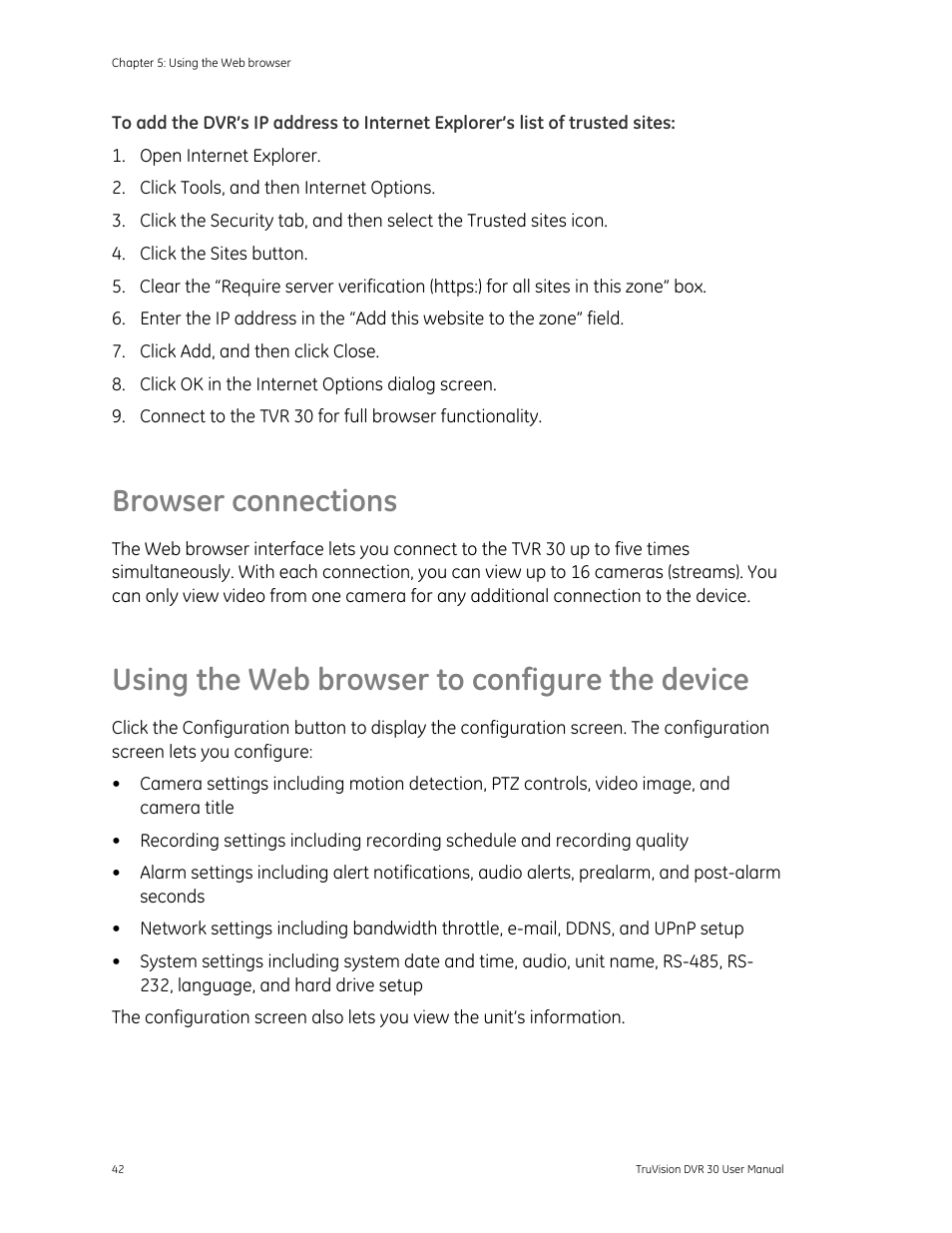 Browser connections, Using the web browser to configure the device, Browser connections 42 | The device 42 | Det-Tronics 000499-142 DVR, 16 Camera, 500GB (GE Security) User Manual | Page 46 / 92