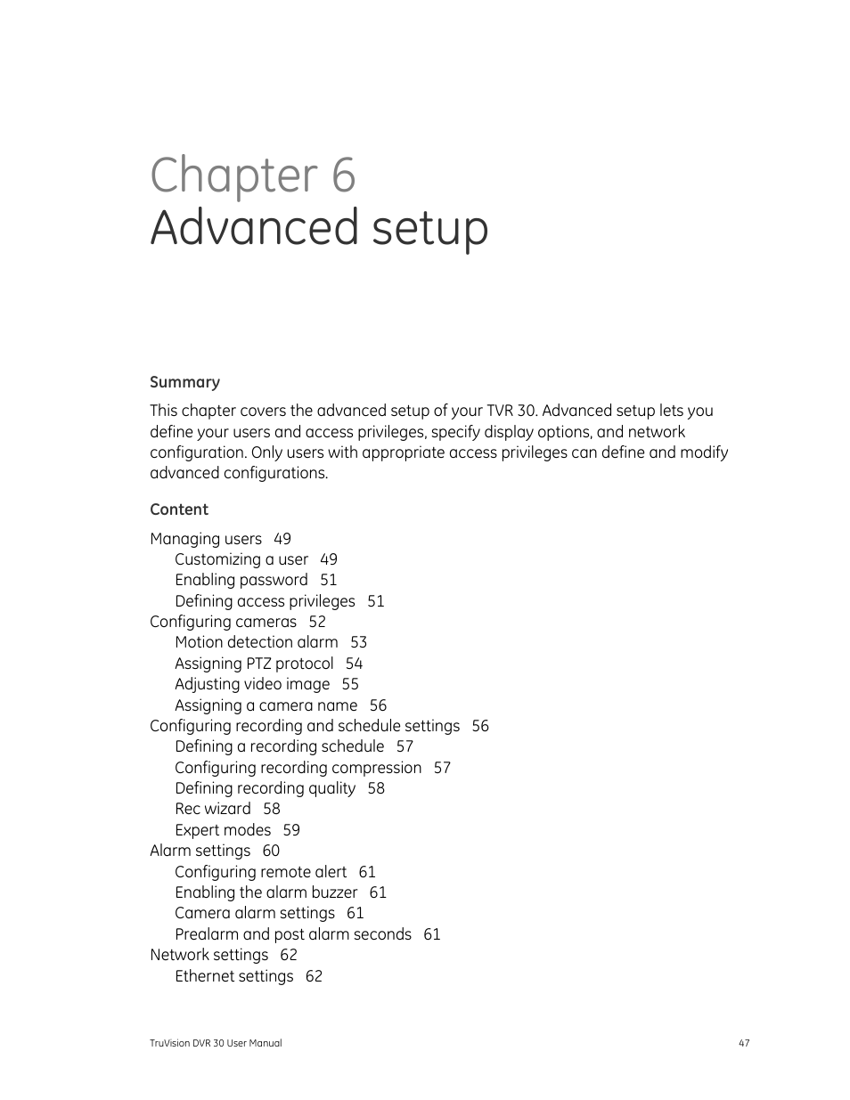 Chapter 6 advanced setup | Det-Tronics 000499-142 DVR, 16 Camera, 500GB (GE Security) User Manual | Page 51 / 92