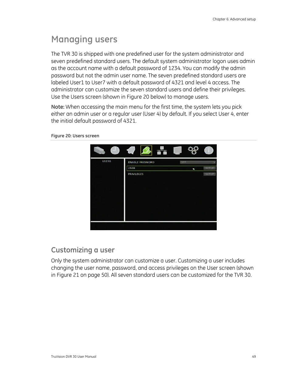 Managing users, Managing users 49, Customizing a user 49 | Customizing a user | Det-Tronics 000499-142 DVR, 16 Camera, 500GB (GE Security) User Manual | Page 53 / 92