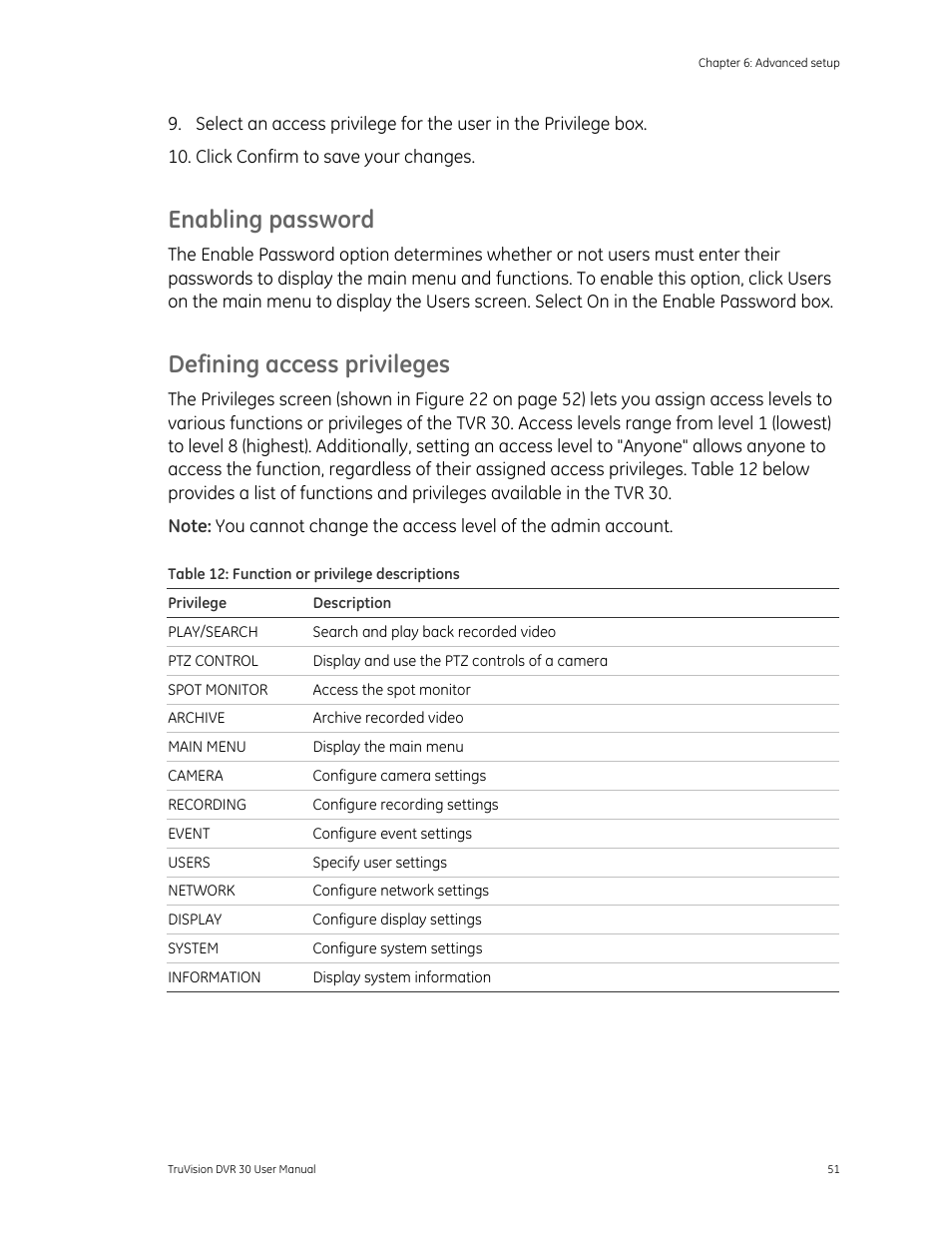 Enabling password 51, Ges 51, Enabling password | Defining access privileges | Det-Tronics 000499-142 DVR, 16 Camera, 500GB (GE Security) User Manual | Page 55 / 92
